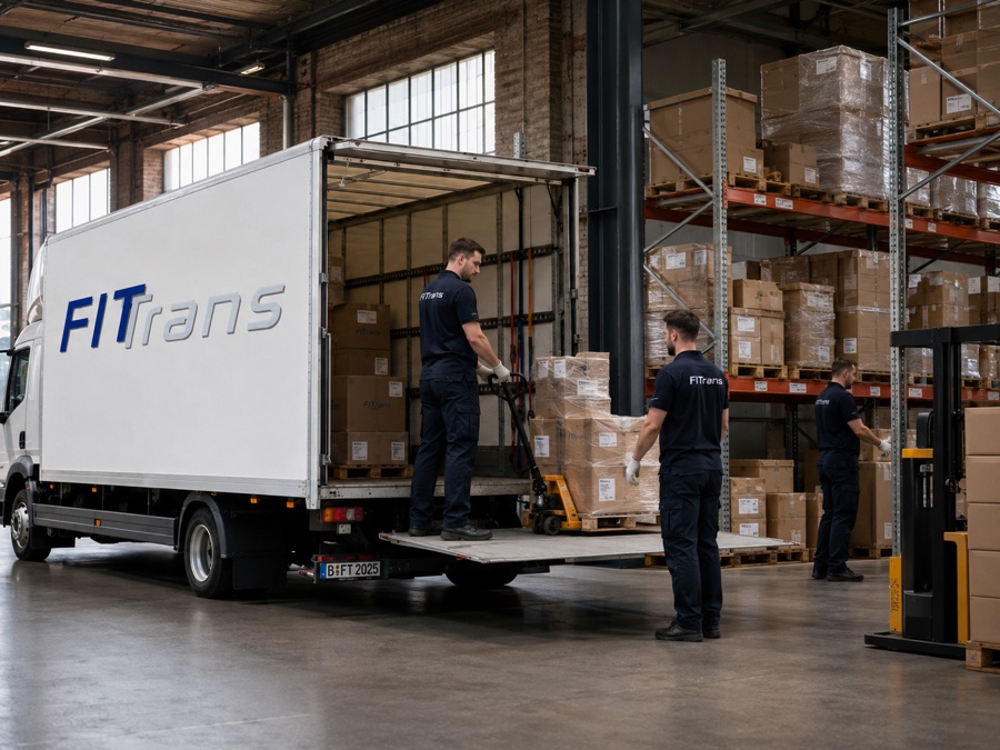 FITTRANS-LKW an der Laderampe im Lager, ein Mitarbeiter zieht eine Palette mit dem Hubwagen aus dem Laderaum