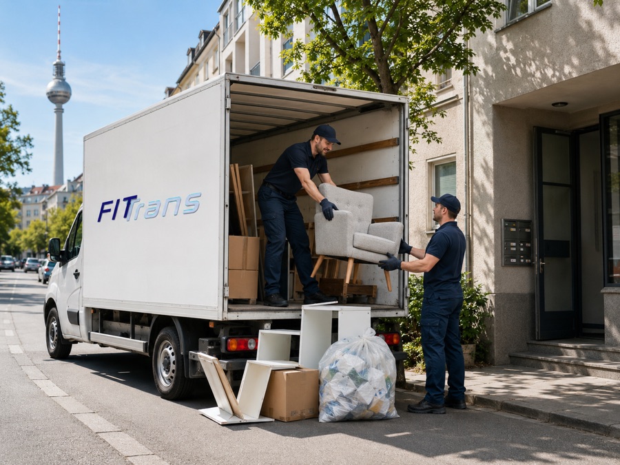 Zwei FITTRANS-Mitarbeiter verladen einen ausgedienten Sessel und Sperrmüll in den LKW, im Hintergrund der Berliner Fernsehturm
