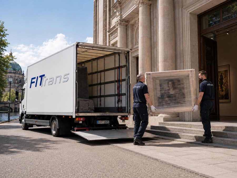 Zwei FITTRANS-Mitarbeiter tragen ein foliertes gerahmtes Gemälde vom LKW in ein Berliner Museum