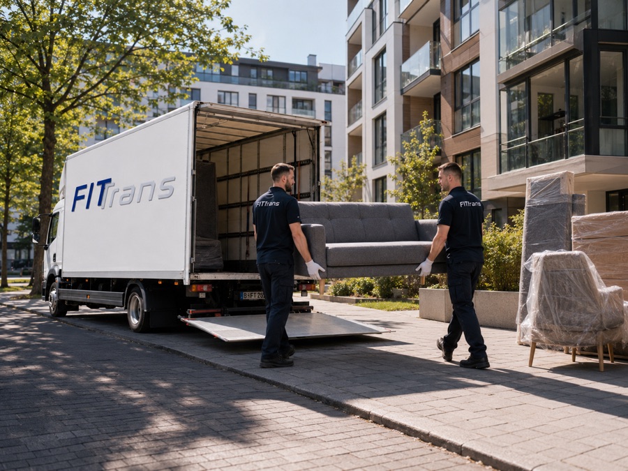 Zwei FITTRANS-Mitarbeiter tragen ein Sofa aus dem LKW, daneben stehen folierte Möbel bereit