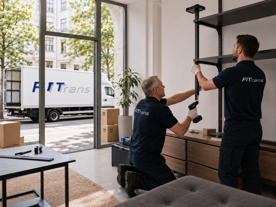 FITTRANS-Monteure bauen mit Akkuschrauber ein Wandregal und Möbel in einer hellen Wohnung auf