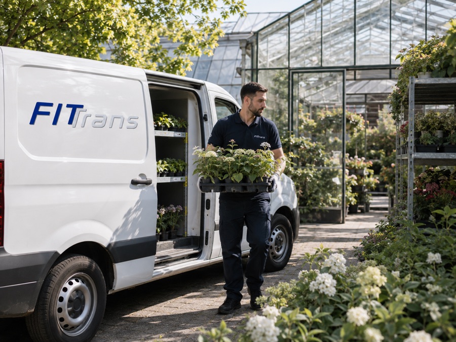 FITTRANS-Mitarbeiter lädt Pflanzenkisten am Gewächshaus in den Transporter
