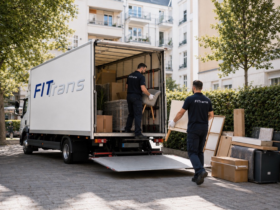 Zwei FITTRANS-Mitarbeiter verladen Möbel über die Ladebordwand des Umzugs-LKW vor einem Berliner Wohnhaus
